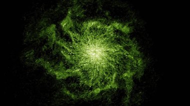 Yeşil ışıklı parçacıklar, hızlı hareket eden dev bir alan şeklinde. Animasyon. Siyah zemin üzerine ışık ışınları saçan enerji merkezli soyut parlayan alan, kusursuz döngü.