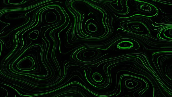 뒤틀리는 얇은 선들이 빠르고 매끄럽지 않은 고리로 뒤엉켜 있는 배경 말입니다. 애니메이션. 검은 배경 위의 아름다운 녹색 네온사인 모양. — 스톡 사진