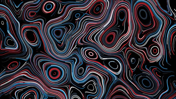 Abstrakt färgade rörliga böjda linjer bildar många olika former på svart bakgrund, sömlös loop. Animering. Vackra neon smala linjer rör sig oändligt. — Stockfoto