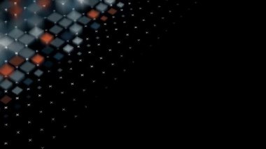 Birçok bulanık kare siyah arkaplanda birçok sırada görünür. Animasyon. Aralarındaki beyaz küçük haçlarla parlayan sönmüş kareler..