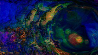 Soyut renkli boya reaksiyonları, psikedelik sıvı ışık gösterisi, suda boya desenleri, yağ, boya. Stok görüntüleri. Mermer arkaplan mürekkebi patlaması, kaleydoskop veya LSD etkisi.