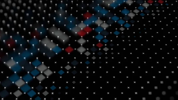 Abstraktní mozaikový pohyb, geometrický vzorec. Animace. Barevné čtverce a drobné kříže se objevují v mnoha řadách na černém pozadí a plynou v diagonální trajektorii. — Stock fotografie