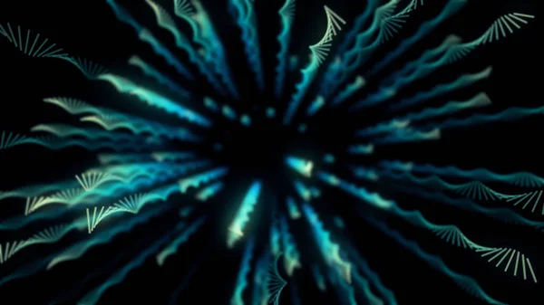 Vol abstrait à travers des lignes en spirale tournantes sur fond noir, boucle transparente. Animation. Graphiques de mouvement, fond spatial futuriste de formes spirales colorées filantes . — Photo