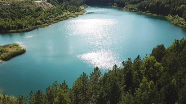 Vue aérienne de la forêt verte et de la rive du lac. Images d'archives. Survolant un paysage naturel estival à couper le souffle avec un lac turquoise entouré de pinèdes . — Photo
