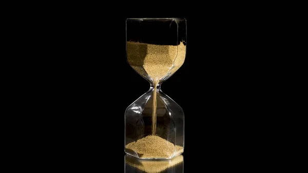 Elegant and stylish bronze transparent sandglass with trickling golden round particles. Stock footage. Sandglass isolated on black background, time, hurry up, last minute, no time concepts.