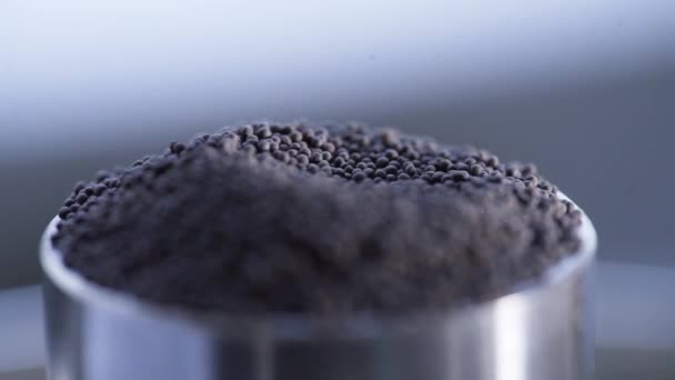 Black grains are checked for quality. Stock footage. Close-up quality control of raw additives with professional equipment in laboratory — Stock Video