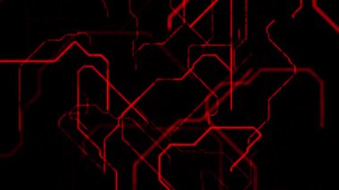 Soyut geometrik çizgili desen, hareket grafikleri. Animasyon. Sınırsız sayıda kırmızı bükülmüş çizgi görünür ve siyah arkaplan üzerinde karmaşık bir yapı oluşturur.