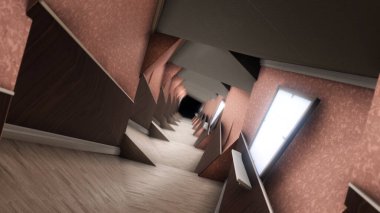 Evin içinde soyut bir dönüş tüneli var. Animasyon. Binadaki sürreal çürüyen koridor, 3 boyutlu hareket grafikleri, modelleme ve tasarım konsepti, kusursuz döngü..