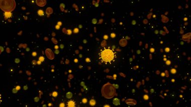 Coronavirus COVID 19 bakterisi olan soyut bir enfeksiyon. Animasyon. Mikroskop kan enfeksiyonu, insan kanındaki 3 boyutlu virüs hücreleri, hastalık, salgın hastalık ve ilaç kavramı.