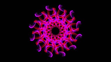Soyut geometrik kaleydoskop deseni ve hareket eden figür, siyah arkaplanda izole edilmiş bir çiçek gibi görünüyor. Animasyon. Çok renkli hipnotik mandala, hareketli grafikler, kusursuz döngü.