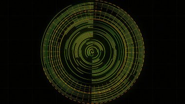 Ekranda dönen radarı soyut olarak göster. Animasyon. Siyah arkaplanda izole edilmiş dönen daireler, pürüzsüz döngü, gelecekteki navigasyon monitörü ile çalışan arama programı.