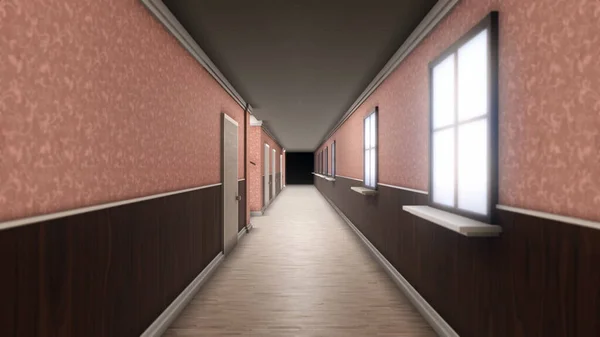 Abstract interior inside hotel building. Animation. Camera moving through the 3D model of a hall with windows, doors and walls, design and architecture concept, seamless loop.