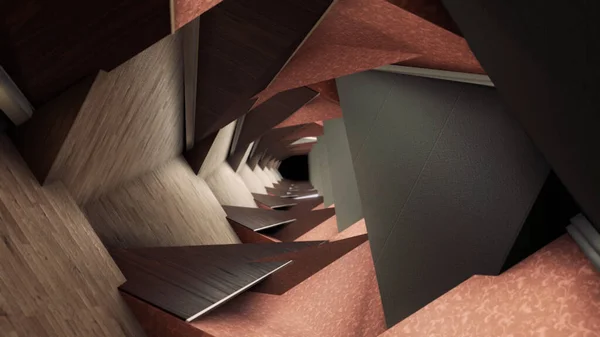 Túnel giratorio abstracto dentro del pasillo de la casa. Animación. Surrealista pasillo giratorio en el edificio, gráficos en movimiento 3D, concepto de modelado y diseño, bucle sin fisuras . —  Fotos de Stock