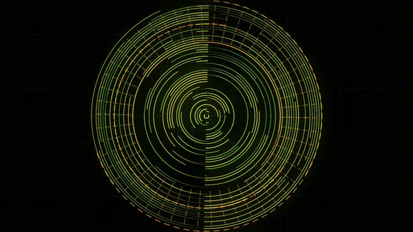Radar giratorio abstracto en la pantalla. Animación. Programa de búsqueda de trabajo con círculos giratorios aislados sobre fondo negro, bucle sin costura, monitor de navegación futurista . — Foto de Stock