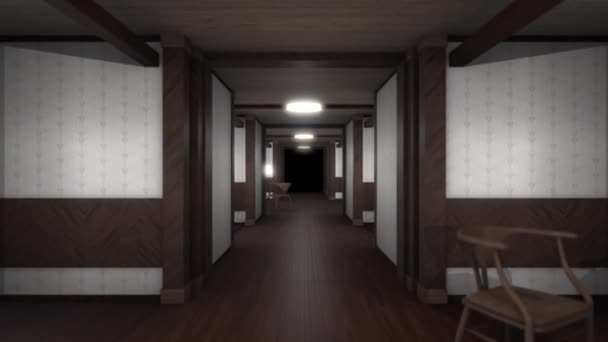 Abstraktes Interieur altmodischer Architektur mit Wänden, Boden, Stuhl, Couch und Lampen. Animation. 3D-Hintergrund der entworfenen endlosen Halle mit optischem Täuschungseffekt, nahtloser Schleife. — Stockvideo