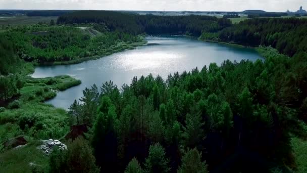 Belle scène de forêt aérienne avec des arbres verts et un étang par une journée ensoleillée d'été. Images d'archives. Survoler un étang calme au milieu de la forêt verte .