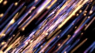 Siyah arka planda fütürist neon çizgilerin döngülü hareketi. Animasyon. Uzayda olduğu gibi parlak bantların ve parçacıkların güzel akışı