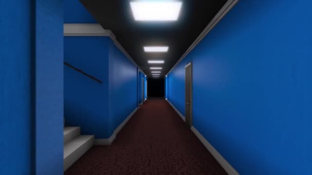 Long couloir avec portes et obscurité à la fin. Animation. Avancer dans l'obscurité finale de long couloir avec des portes et des lampes linéaires. Couloir effrayant dans le jeu 
