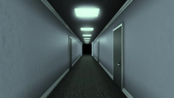 Long couloir avec portes et obscurité à la fin. Animation. Retour dans l'obscurité finale de long couloir avec portes et lampes linéaires. Couloir effrayant dans le jeu 