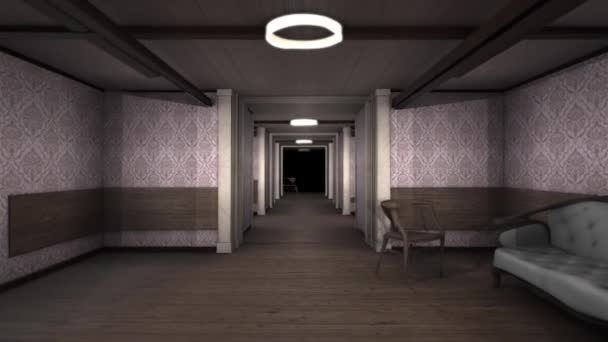 Оптическая иллюзия коридора. Анимация. Коридор искаженный в космосе с необычными формами и темнотой в конце пугает на психологическом уровне — стоковое видео