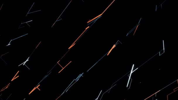 Siyah sırtüstü 3 boyutlu geometrik çizim. Animasyon. Dijital uzayda neon çizgilerinin hareketi geometrik çizimler oluşturur — Stok video