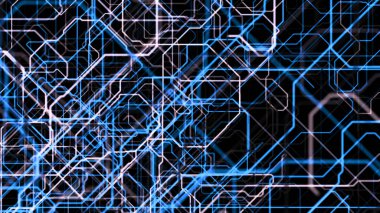 Bilgisayar matrisinin neon çizgileri. Animasyon. Eğri neon çizgileri siyah arkaplanda bilgisayar matrisi desenleri oluşturur. Bilgisayar ağının siber şeması