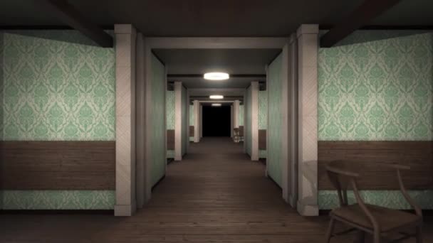 Vieux couloir avec extrémité sombre. Animation. Aller de l'avant le long du couloir avec un vieil éclairage intérieur et linéaire à sombre à l'extrémité. Corridor intimidant comme dans le jeu 