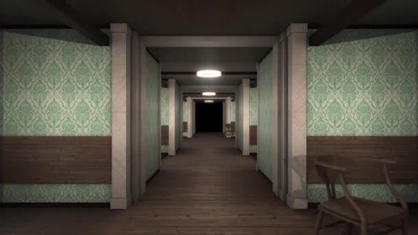 Vieux couloir avec extrémité sombre. Animation. Aller de l'avant le long du couloir avec un vieil éclairage intérieur et linéaire à sombre à l'extrémité. Corridor intimidant comme dans le jeu — Video