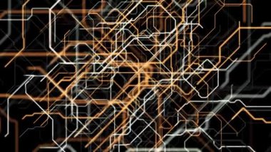 Bilgisayar matrisinin neon çizgileri. Animasyon. Eğri neon çizgileri siyah arkaplanda bilgisayar matrisi desenleri oluşturur. Bilgisayar ağının siber şeması