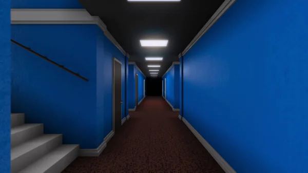 Long corridor with doors and darkness at end. Animation. Moving forward into final darkness of long corridor with doors and linear lamps. Frightening corridor in game