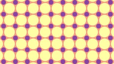 Renkli parlak dairelerin yatay sıraları. Hisse Animasyonu. Sarı, pembe ve mor renkli dönüşümlü çemberlerle kaleydoskopik arkaplan.