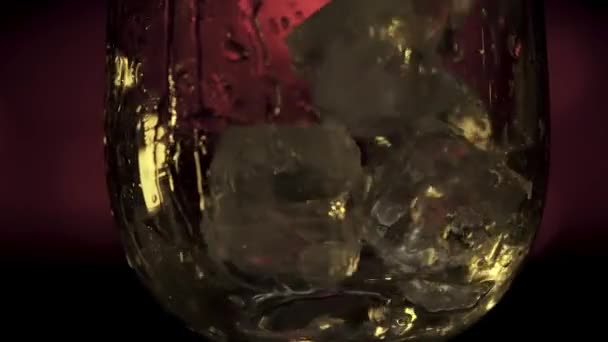 Sluiten van ijsblokjes die in het lege glas worden gegooid. Voorraadbeelden. IJs in champagneglas met druppels water op donkere achtergrond, feest- en feestconcept. — Stockvideo