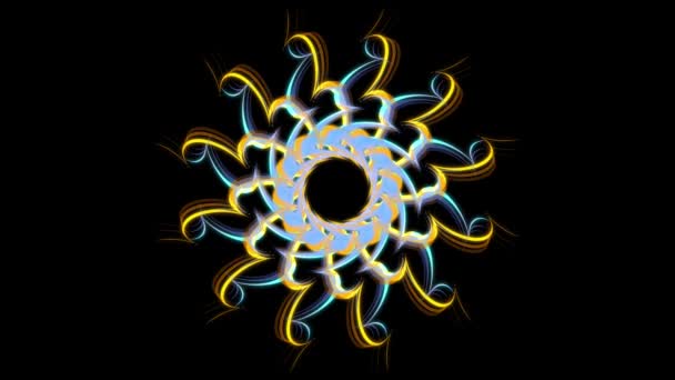 Abstraktes geometrisches Kaleidoskopmuster mit beweglicher Figur, die wie eine Blume auf schwarzem Hintergrund aussieht. Aktienanimation. Mehrfarbiges hypnotisches Mandala, Bewegungsgrafik, nahtlose Schleife. — Stockvideo