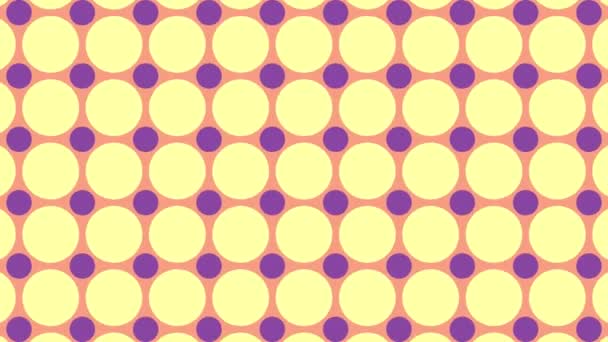 Горизонтальні ряди різнокольорових яскравих кіл. Стокова анімація. Калейдоскопічний фон з перетвореними колами жовтого, рожевого та фіолетового кольорів . — стокове відео