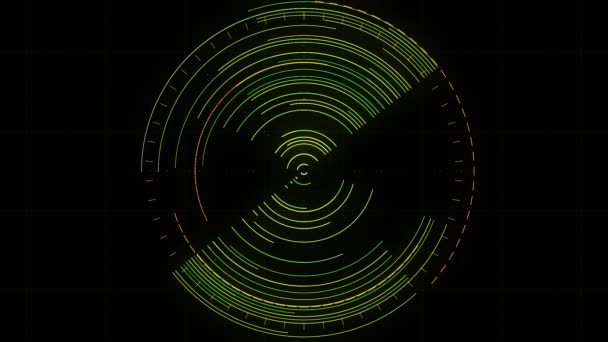 Radar giratorio abstracto en la pantalla. Animación. Programa de búsqueda de trabajo con círculos giratorios aislados sobre fondo negro, bucle sin costura, monitor de navegación futurista . — Vídeos de Stock