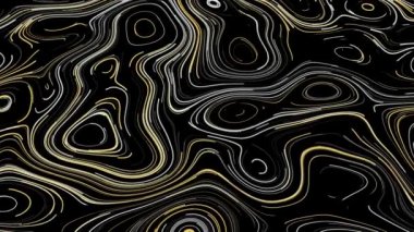 Siyah zemin üzerindeki kıvrımlı ve dairesel çizgilerin arkaplanı. Animasyon. Güzel parlak çizgiler oval desenleri harekete geçiriyor