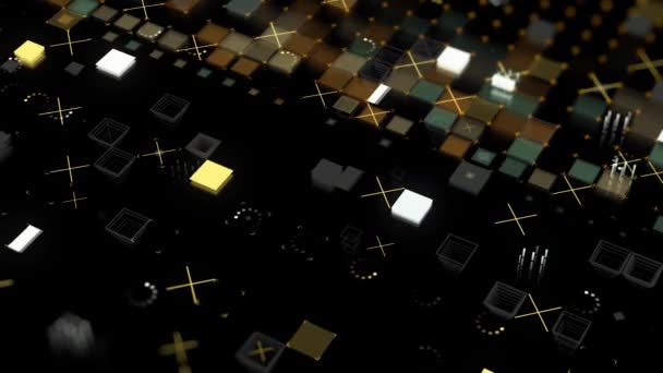 Fond numérique avec croix et carrés colorés sur fond noir. Animation. Divers symboles numériques et carrés se déplacent aléatoirement et pulsent sur fond noir 