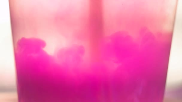 Πιτσιλιές μπογιάς σε ένα ποτήρι νερό. Έννοια. Βούρτσα με χρώμα ξεπλένεται σε ένα ποτήρι νερό. Όμορφη βουτιά του φωτεινό ροζ χρώμα στο νερό σε λευκό φόντο — Αρχείο Βίντεο
