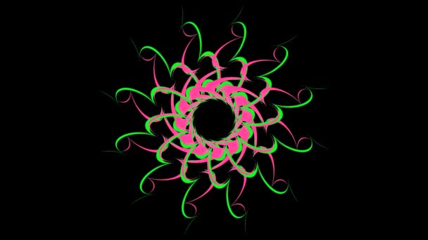 Квітковий кольоровий візерунок кружляє на чорному тлі. Стокова анімація. Абстрактний квітковий візерунок кольорових вигнутих ліній, що обертаються на чорному тлі — стокове відео