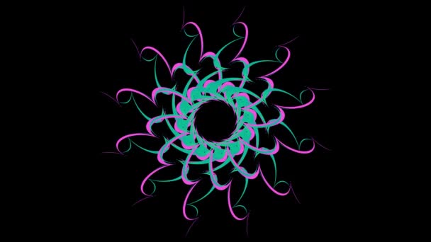 Blommig färg mönster virvlande på svart bakgrund. Aktieanimation. Abstrakt blommönster av färgade böjda linjer roterande på svart bakgrund — Stockvideo