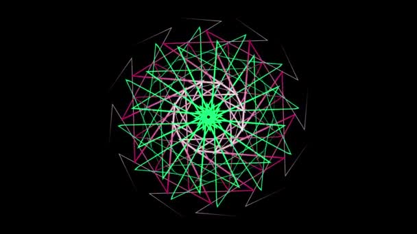 Hypnotisches rotierendes Muster farbiger geometrischer Linien. Aktienanimation. Buntes Muster geschwungener Linien erzeugt Kaleidoskopeffekt auf schwarzem Hintergrund — Stockvideo