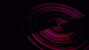 Pembe soyut güzel bir nesne. Animasyon. Soyut disk biçimli dairesel parlak parlayan form siyah arkaplanda dar çizgiler, pürüzsüz döngü.