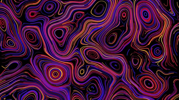 Psychedelic circular patterns on black background. Animation. Colorful neon lines draw circular patterns in retro style. Beautiful colored lines create curved and circular patterns — Stock Photo, Image