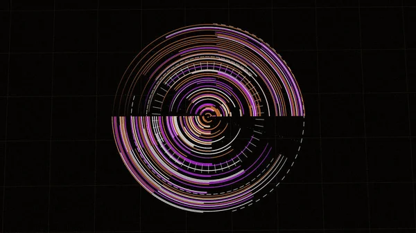 Cercle numérique avec des lignes colorées se transforme en spirale 3D. Animation. Disque avec des lignes de néon rotatives se transforme en spirale 3D sur fond noir — Photo
