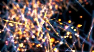 Parlak ışıklarla çevrili korkunç hatlar. Animasyon. Zarif ve şenlikli bulanık çizgiler, siyah zemin üzerinde yuvarlak altın parçacıklar ve pürüzsüz döngü ile kaotik bir şekilde hareket ediyor..