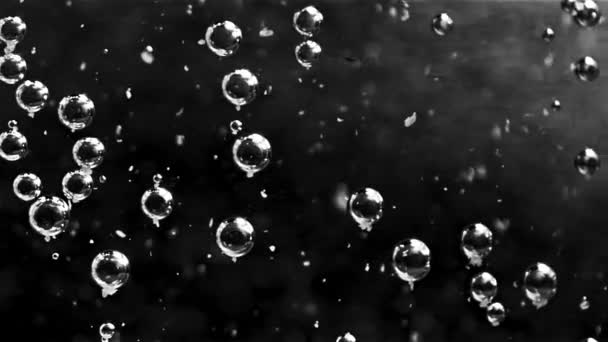 Krásné průhledné bubliny ve vodě se pohybují pomalu. Záběry ze skladu. Zblízka mnoho bublin vzduchu tekoucího pod vodou a některé z nich stoupají na černém pozadí, monochromatický. — Stock video