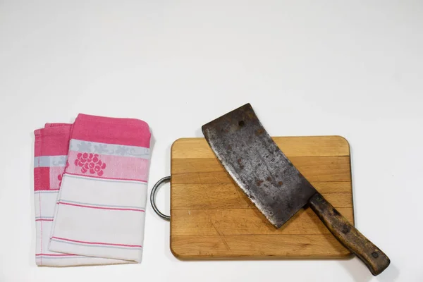 Old chopper and plank on white background, tools for butcher — Stock Photo, Image