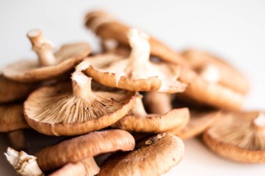 Taze mantar ki ki beyaz mutfak masası üzerinde.