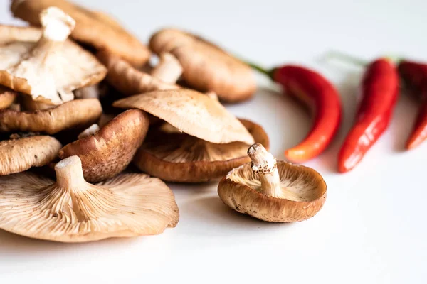 Taze mantar ki ki beyaz mutfak masası üzerinde.