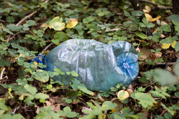 Basura plástica en el bosque. Naturaleza escondida. Envase plástico ly —  Fotos de Stock